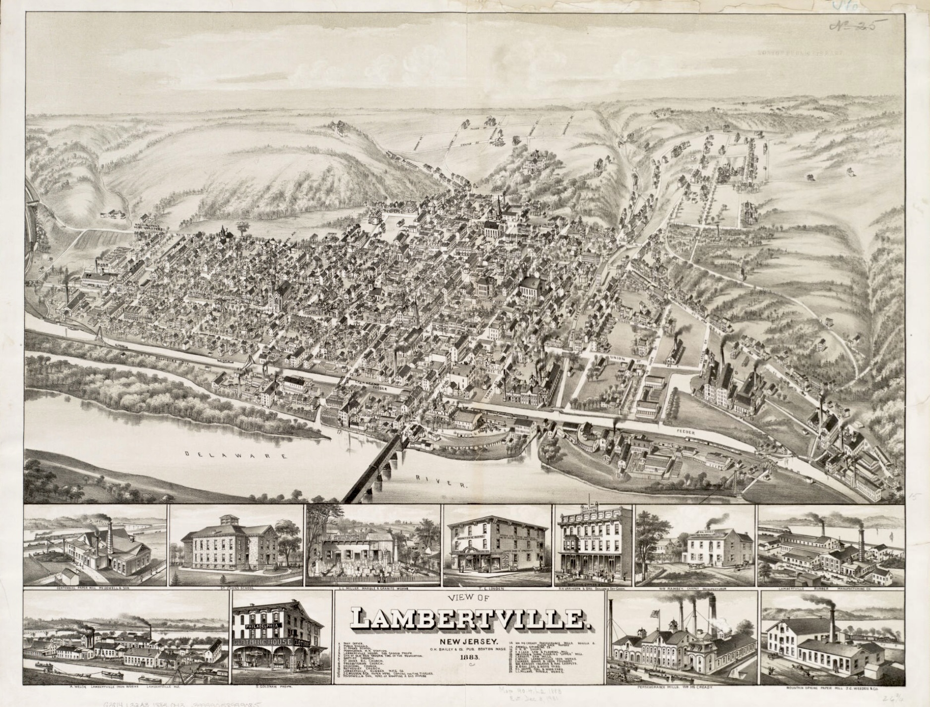 Historic illustrated view of Lambertville and New Hope from the ArdeaDrones archive