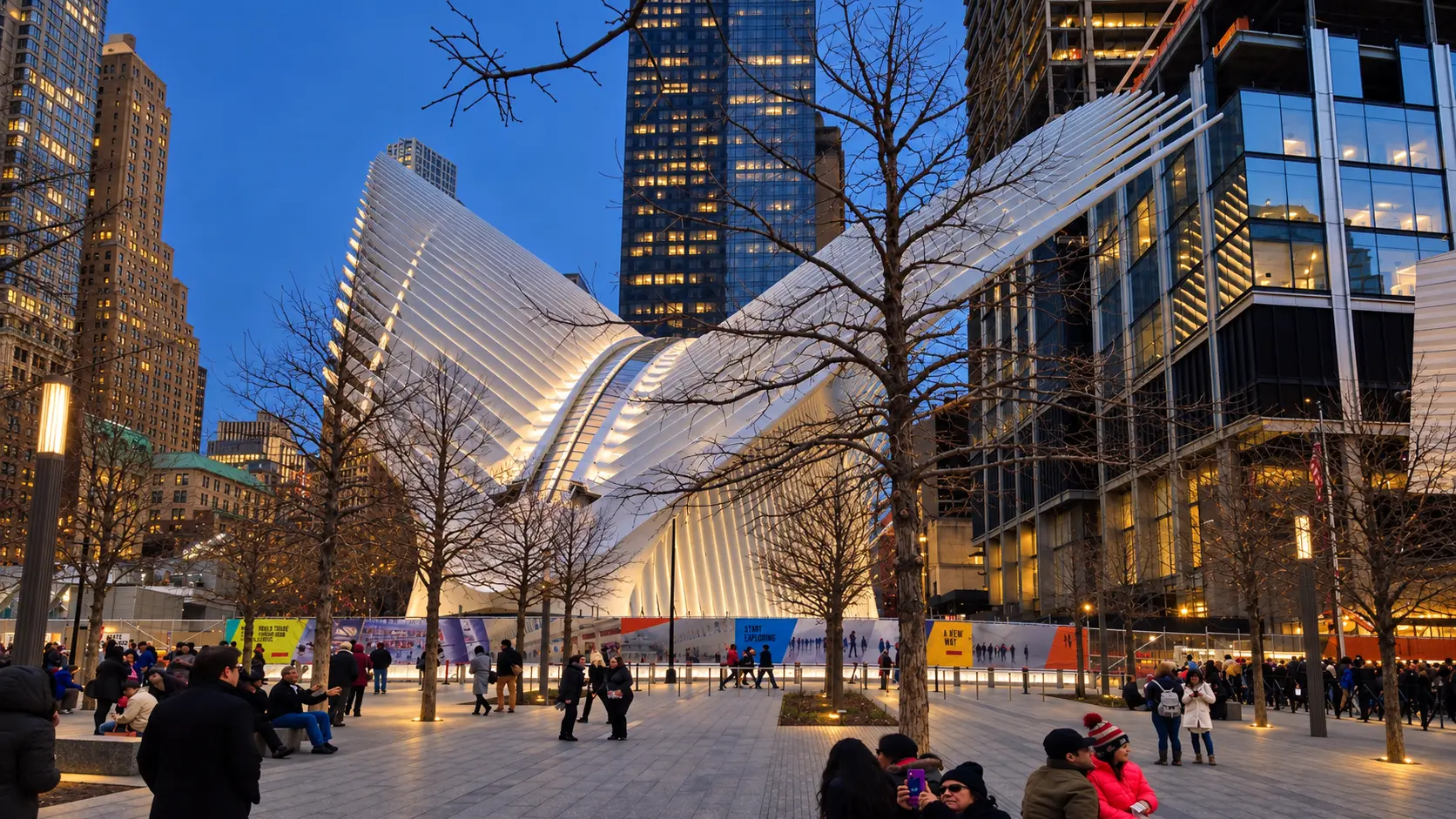 AI-assisted blue-hour study of the Oculus plaza