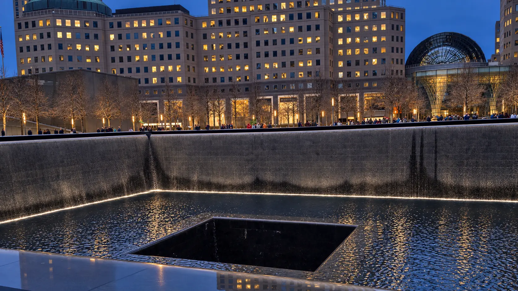 AI-assisted blue-hour study of the 9/11 Memorial reflecting pool