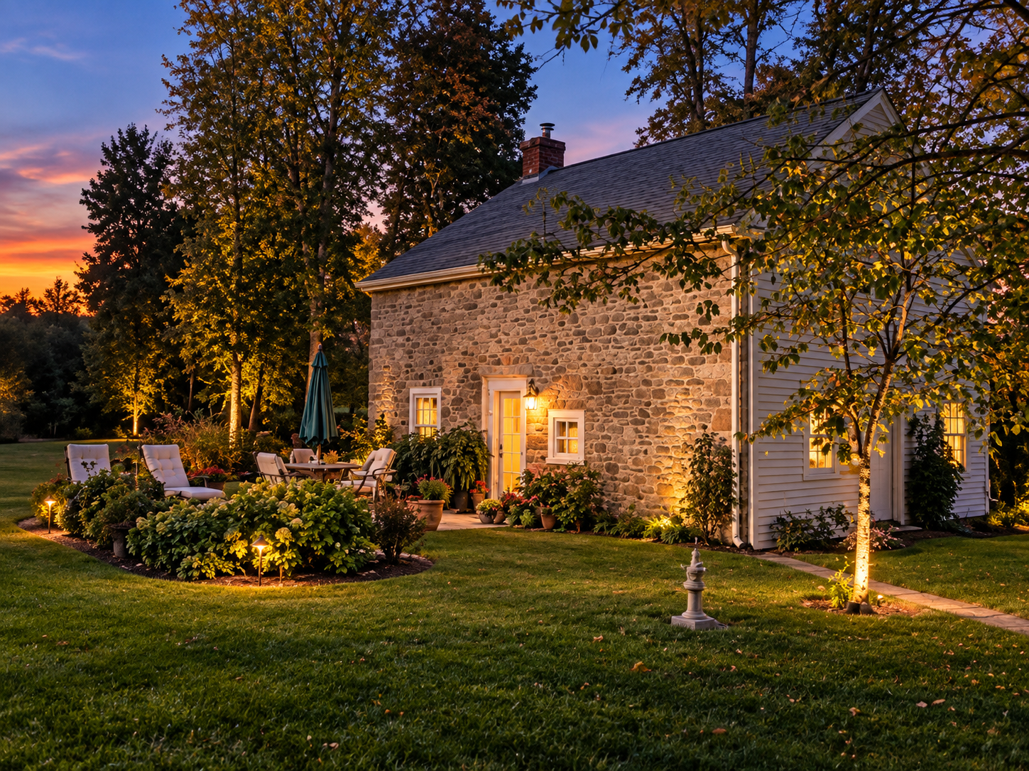 AI-assisted twilight transformation of a traditional stone-and-siding home with natural evening lighting