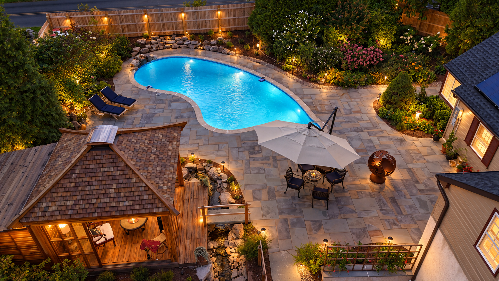 AI-assisted twilight lighting interpretation of the same pool, outdoor patio and pavilion