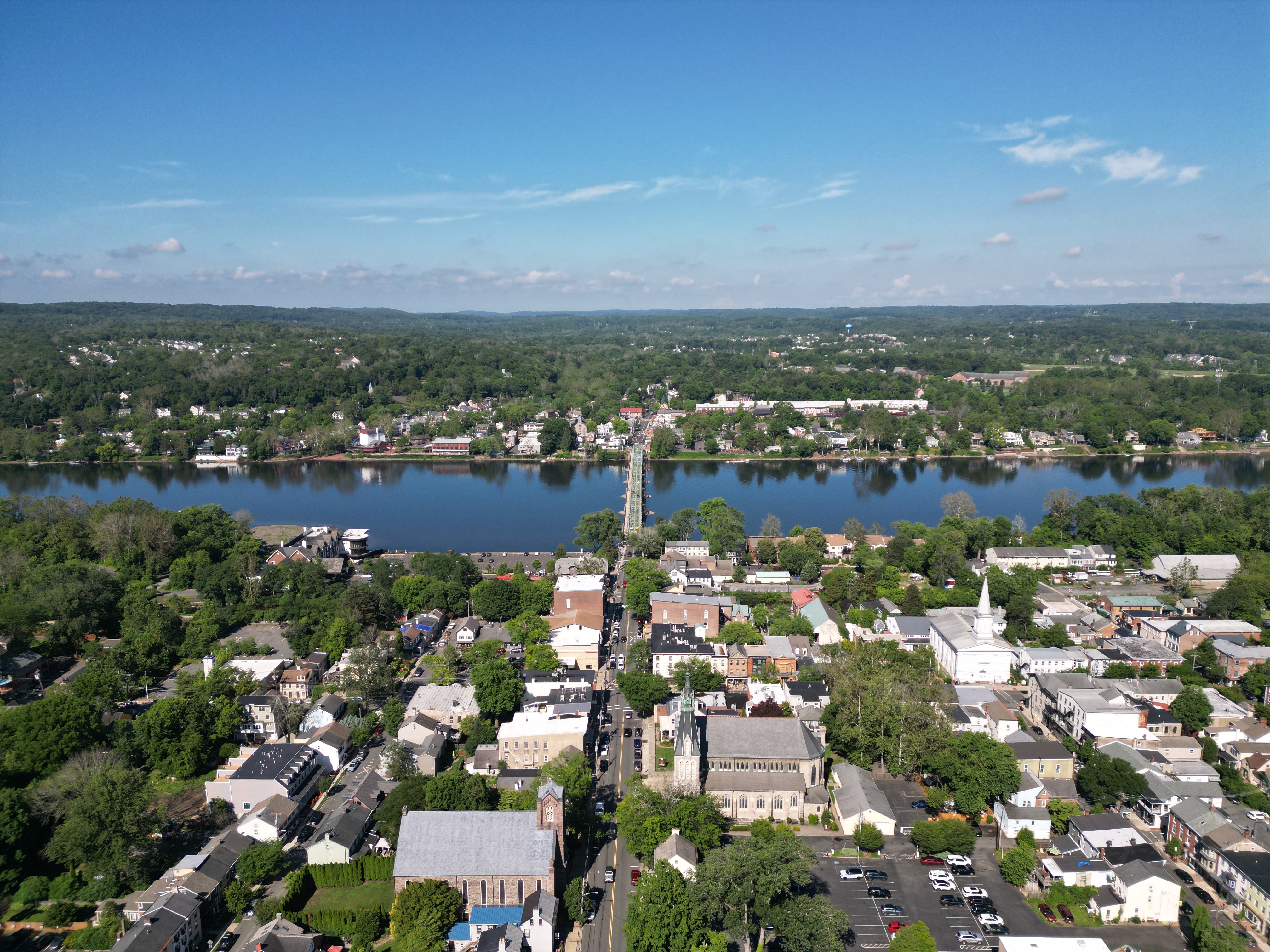 Contemporary aerial photograph across Lambertville and the Delaware River