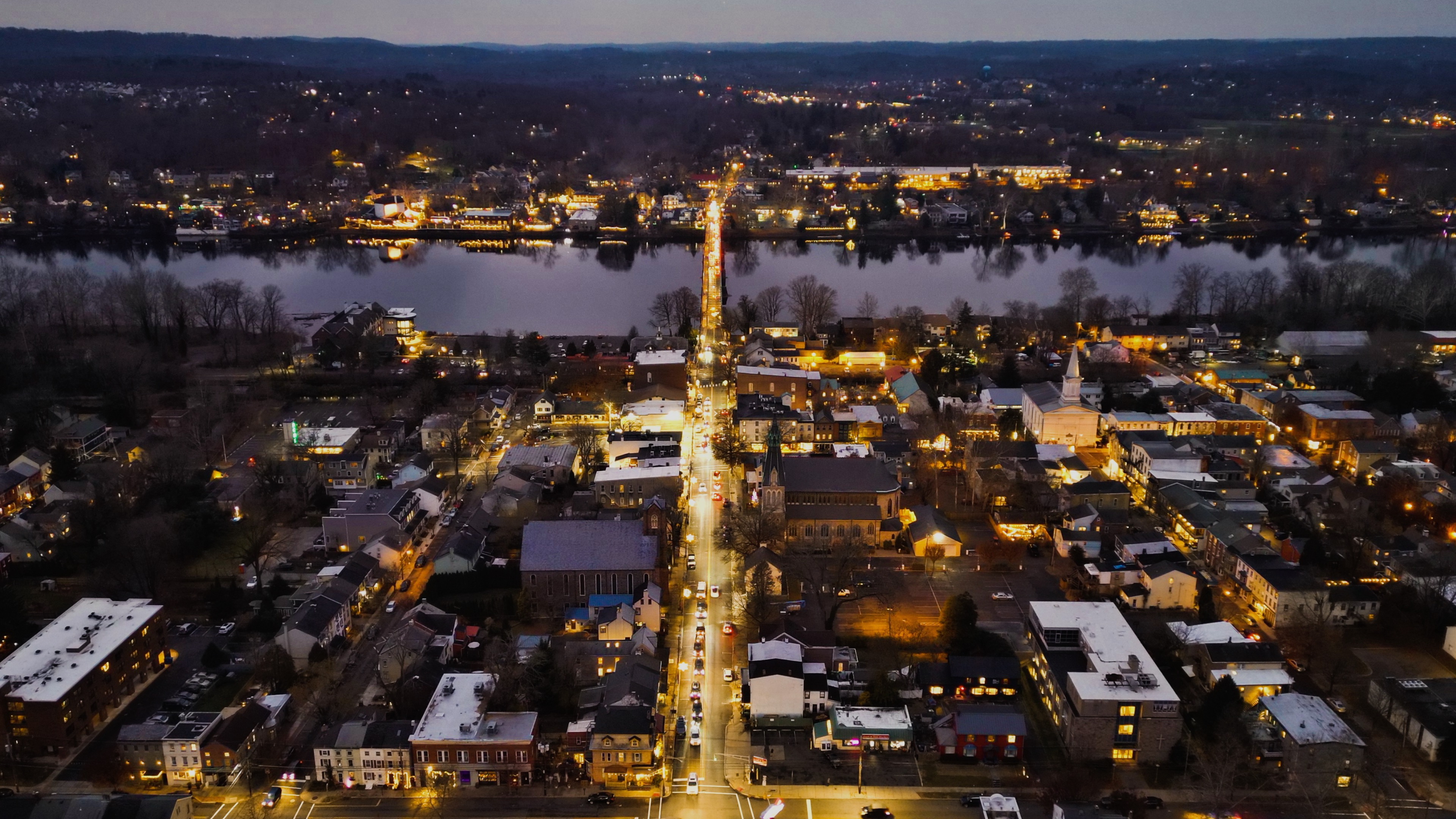 Original ArdeaDrones evening aerial photograph of Lambertville and New Hope
