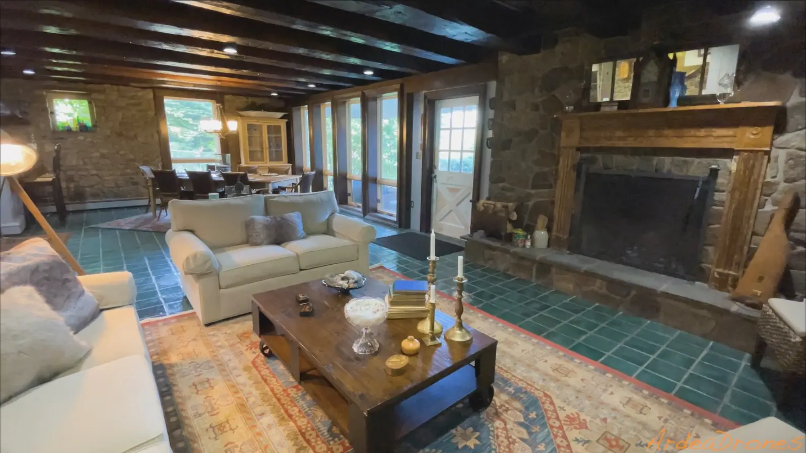Stone living room before an AI-assisted styling concept