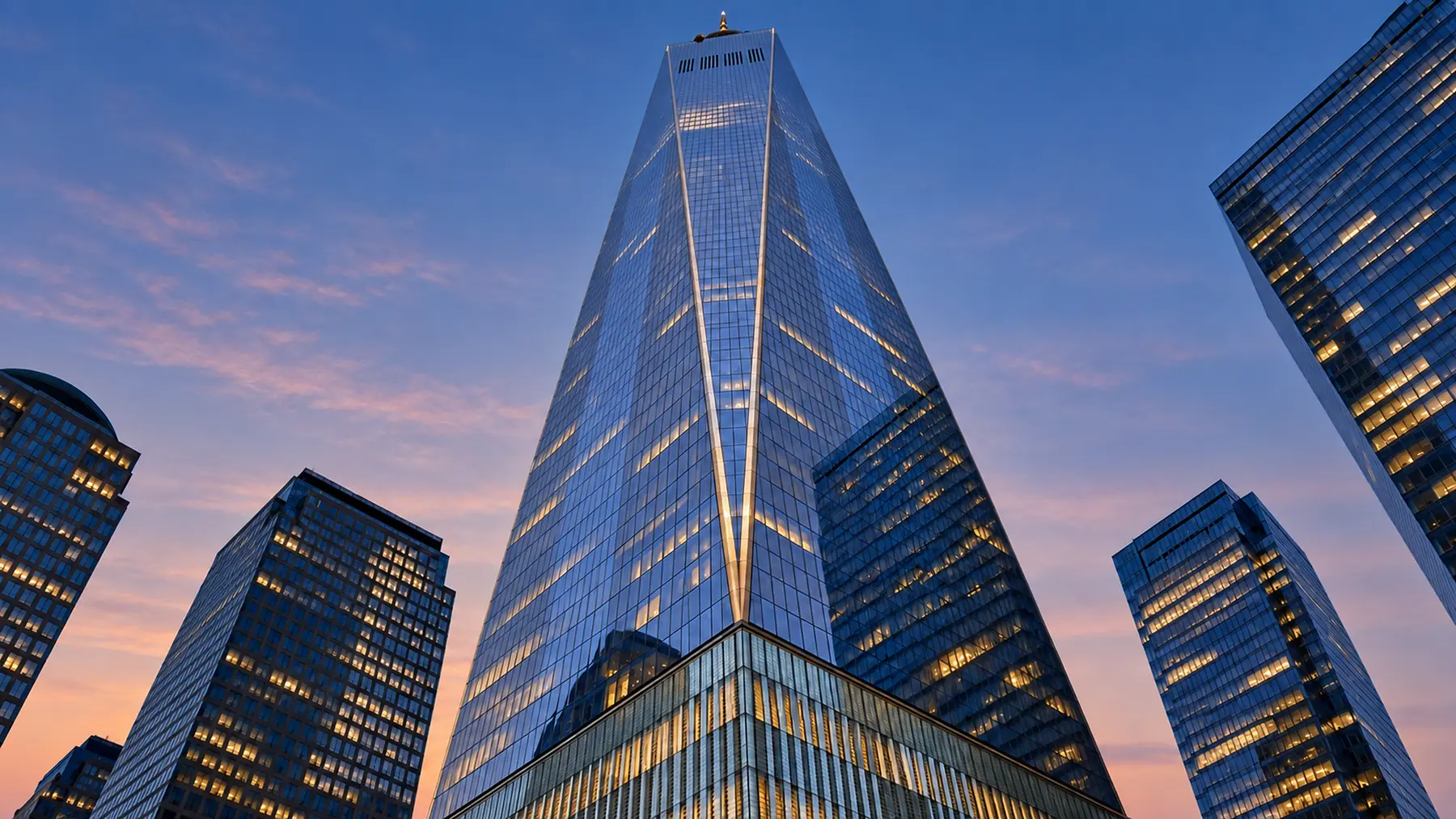 AI-assisted lavender dusk study looking up at One World Trade Center