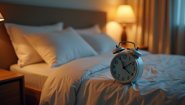 Eye-level view of a bedroom with a bed shaking alarm on the nightstand
