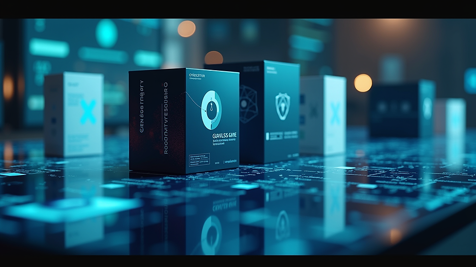 Eye-level view of a cybersecurity product display with various software boxes