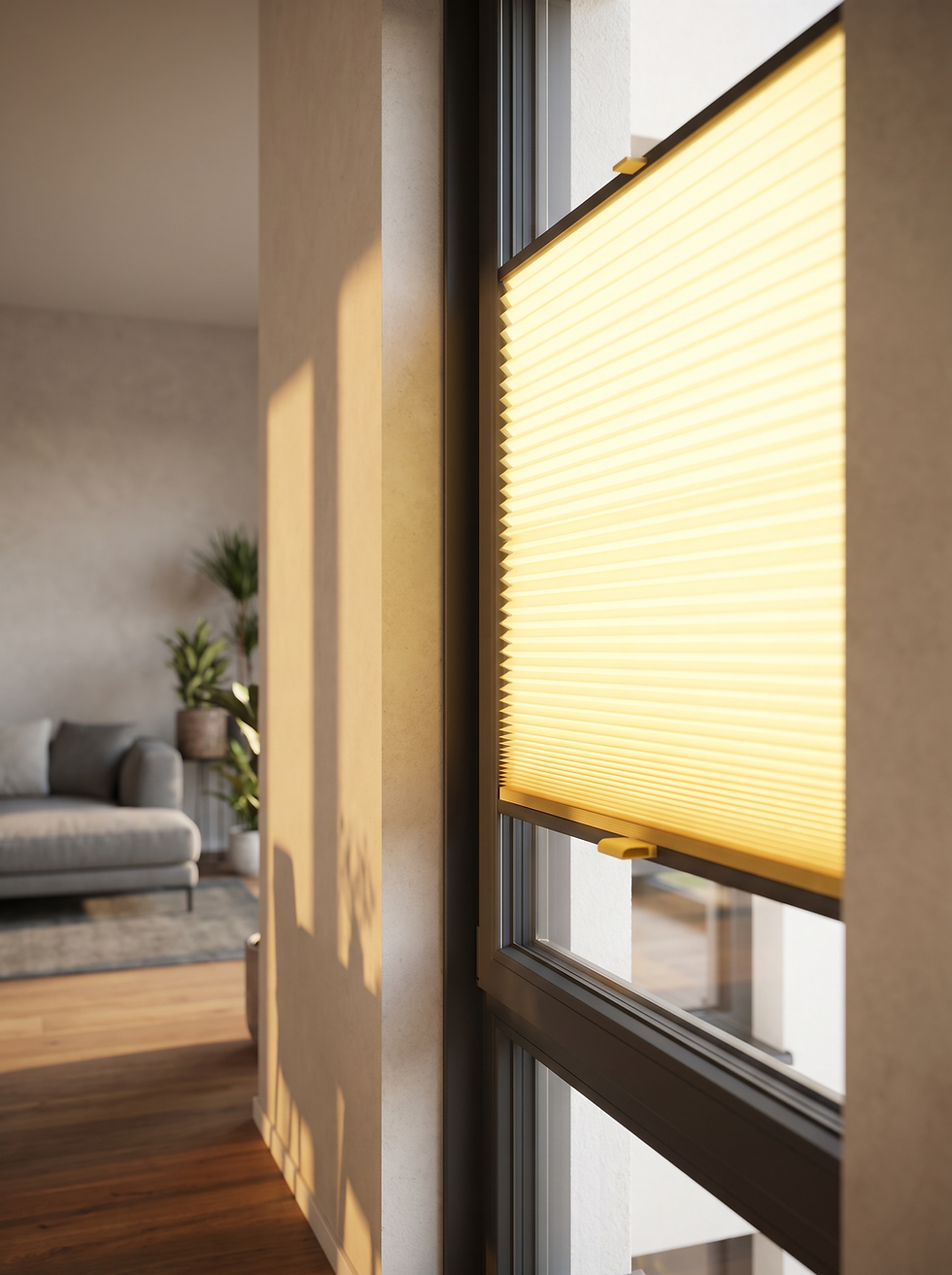 Beiges Plissee als Innenbeschattung am Fenster