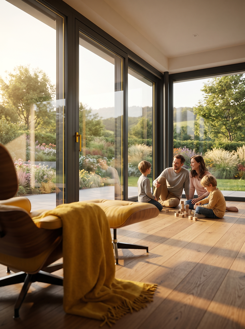 Familie spielt im Wohnzimmer vor großen Fenstern zum Garten