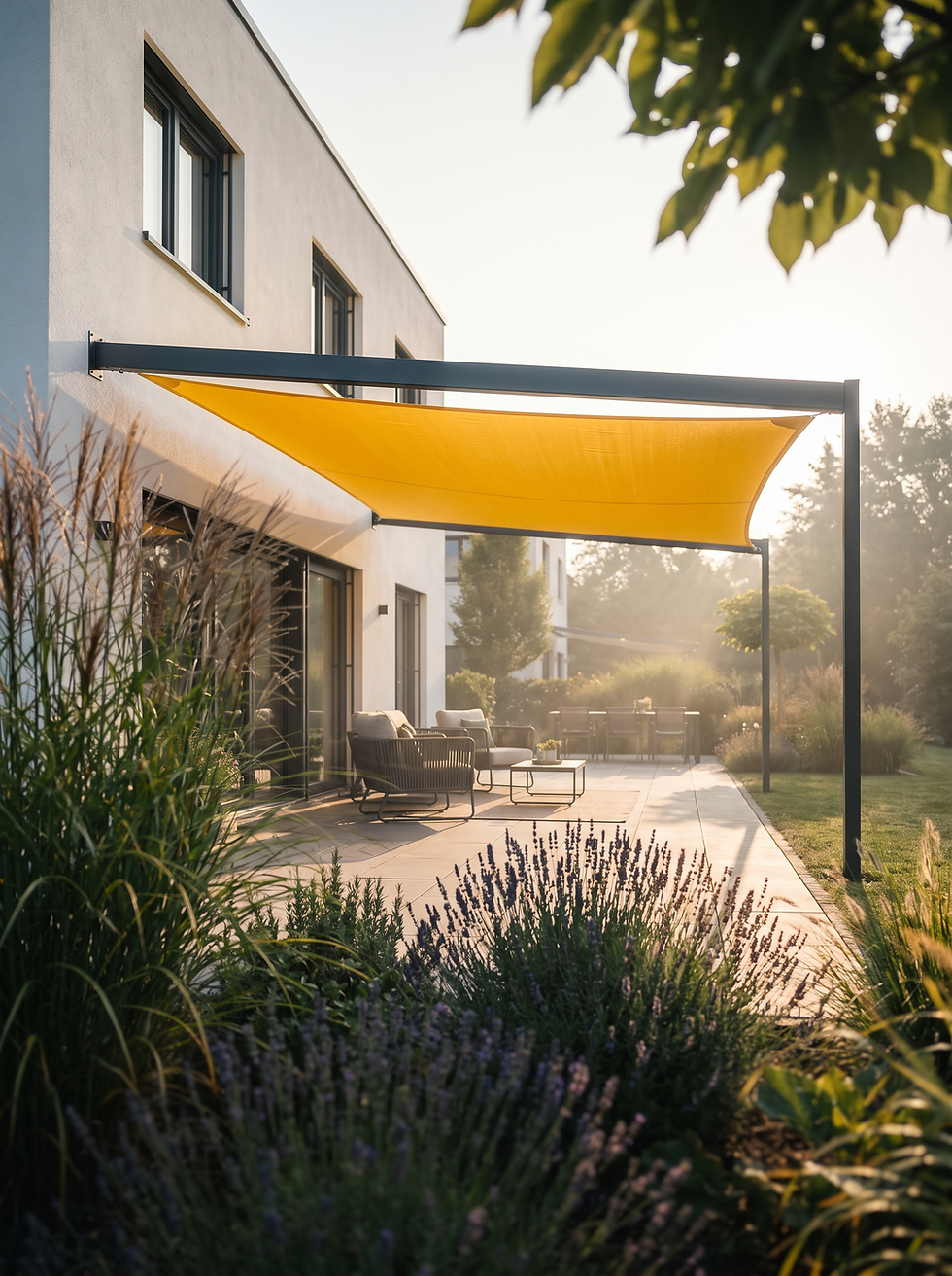 Gelbes Sonnensegel über einer Terrasse mit Lounge-Möbeln.