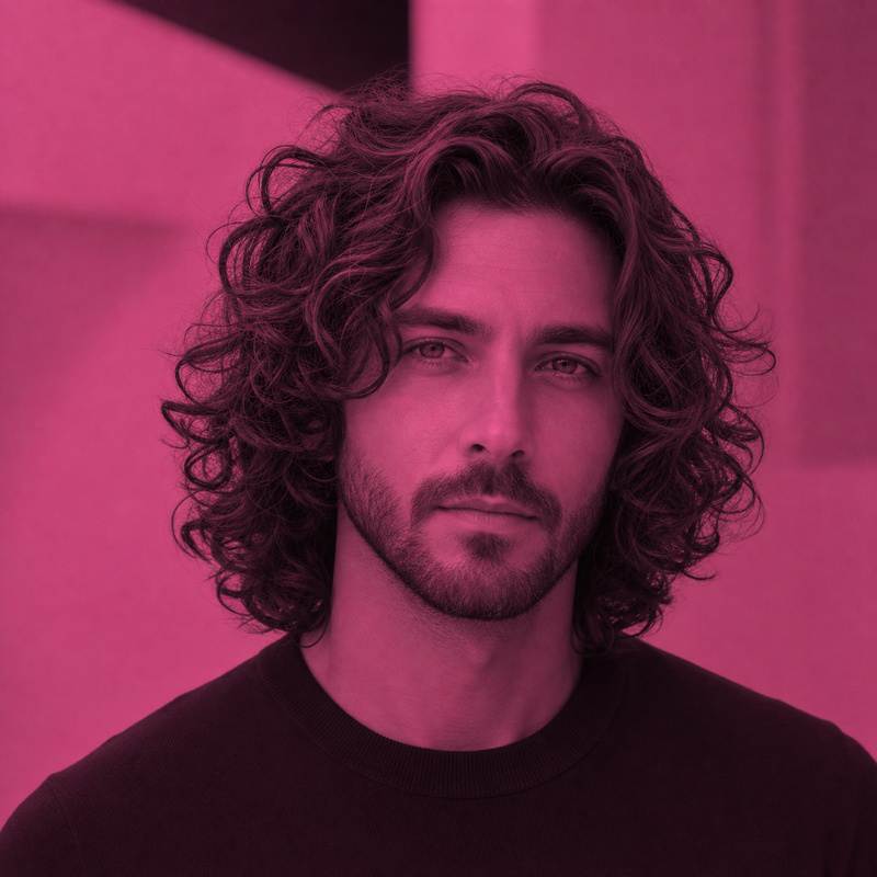 Mann mit langen dunklen Locken und Bart vor pinkem Filter