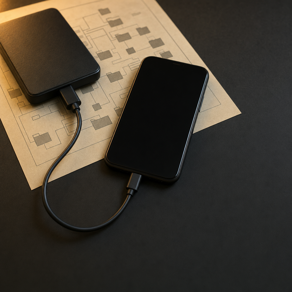 Smartphone und externer Datenträger als Symbol für die digitale Beweisprüfung nach §§ 184b und 184c StGB