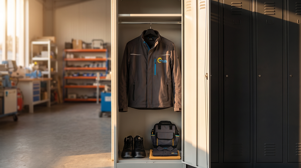 Arbeitsjacke und Ausrüstung im Spind einer Werkstatt