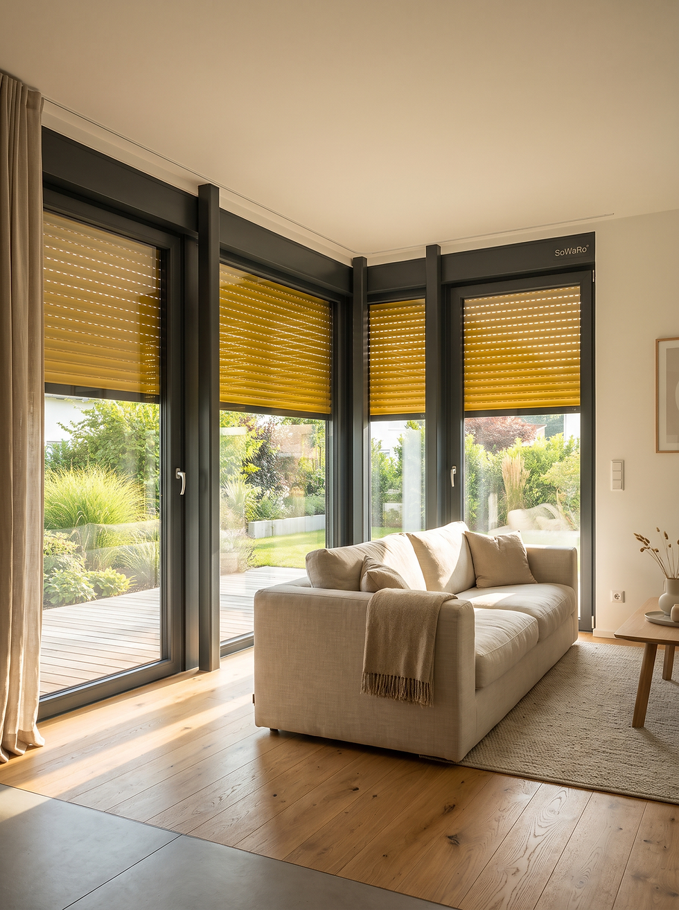 Moderne Rollläden im Wohnzimmer mit Eckfenstern