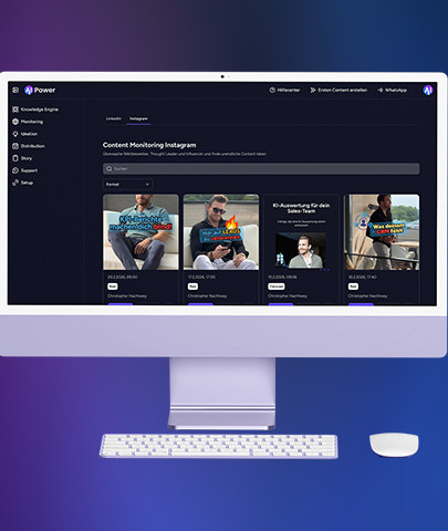 Desktop-Monitor zeigt sauberes 'Content Monitoring Instagram' Dashboard mit Feeds.