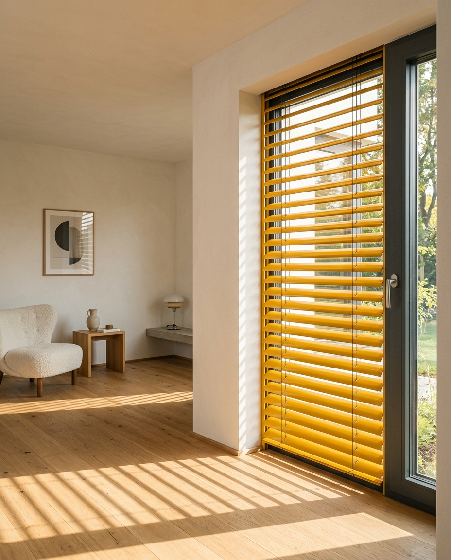 Gelbe Jalousien an einem Fenster in hellem Wohnraum