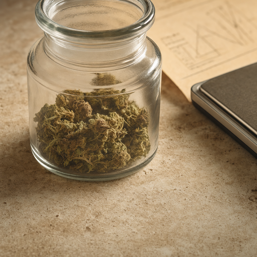 Versiegelte Cannabisprobe, Waage und Laborunterlagen als Symbol für die Beweisprüfung nach dem KCanG
