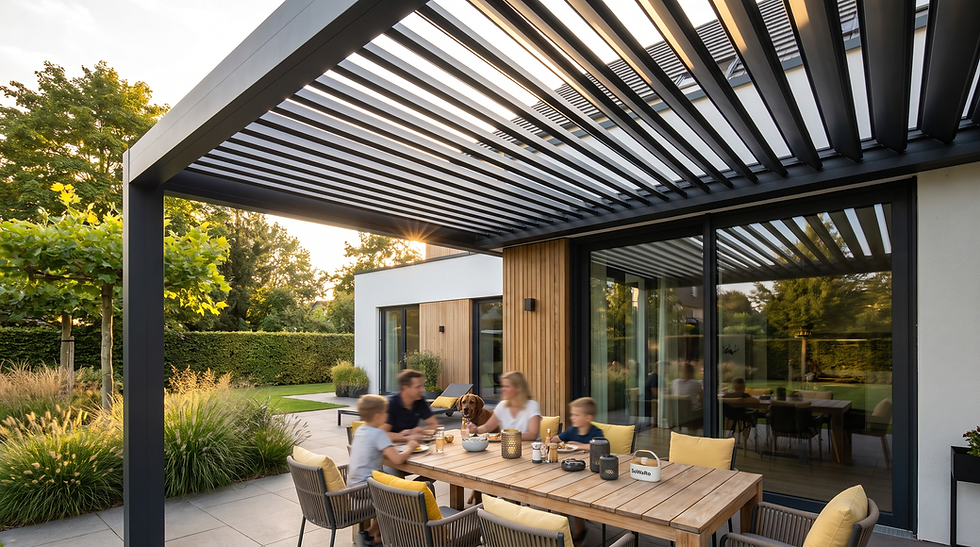 Familie unter einem modernen Lamellendach auf der Terrasse