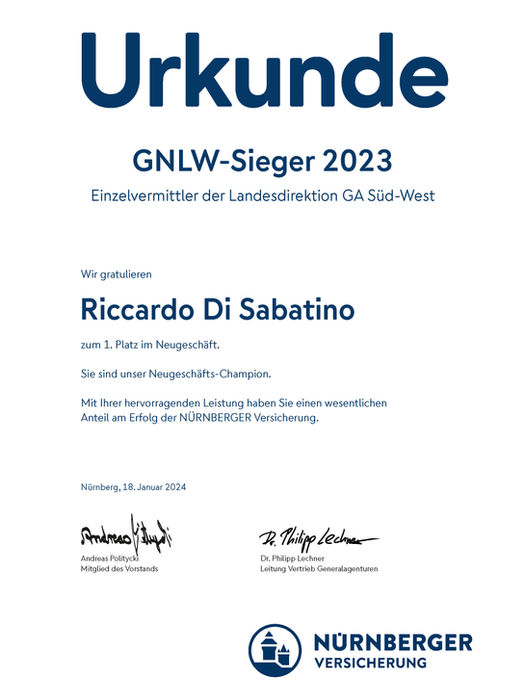 Urkunde: Riccardo Di Sabatino, GNLW-Sieger 2023 Neugeschäft