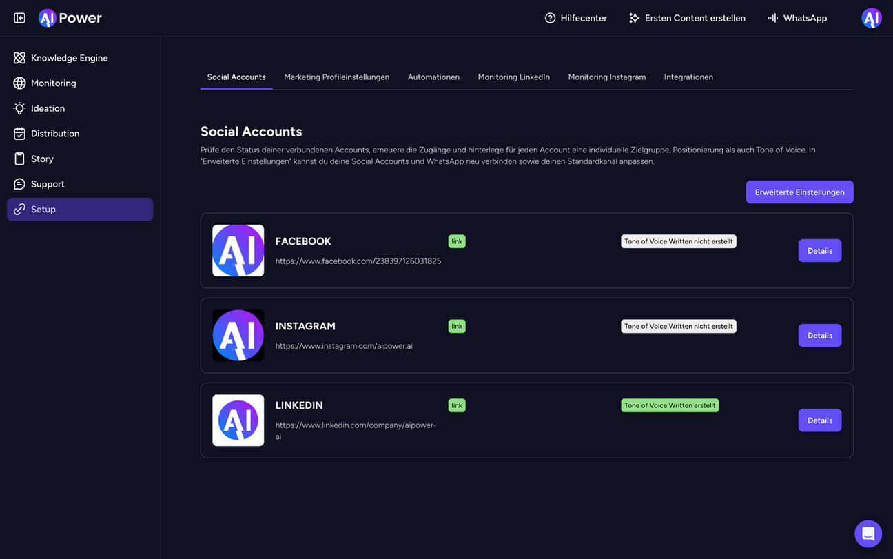AI Power Dashboard zeigt Social Accounts, Facebook, Instagram, LinkedIn Verwaltung.