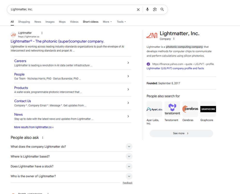 Lightmatter, Inc. Google Knowledge Panel on the right side of search results.