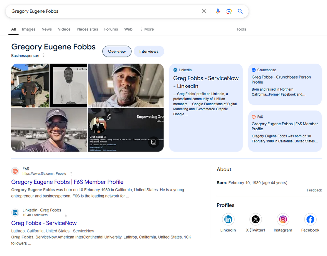 Google search result showing Gregory Eugene Fobbs with Personal Google Knowledge Panel and LinkedIn profile
