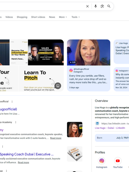 Google Knowledge Panel for entrepreneur Lisa Hugo displayed in Google Search results.