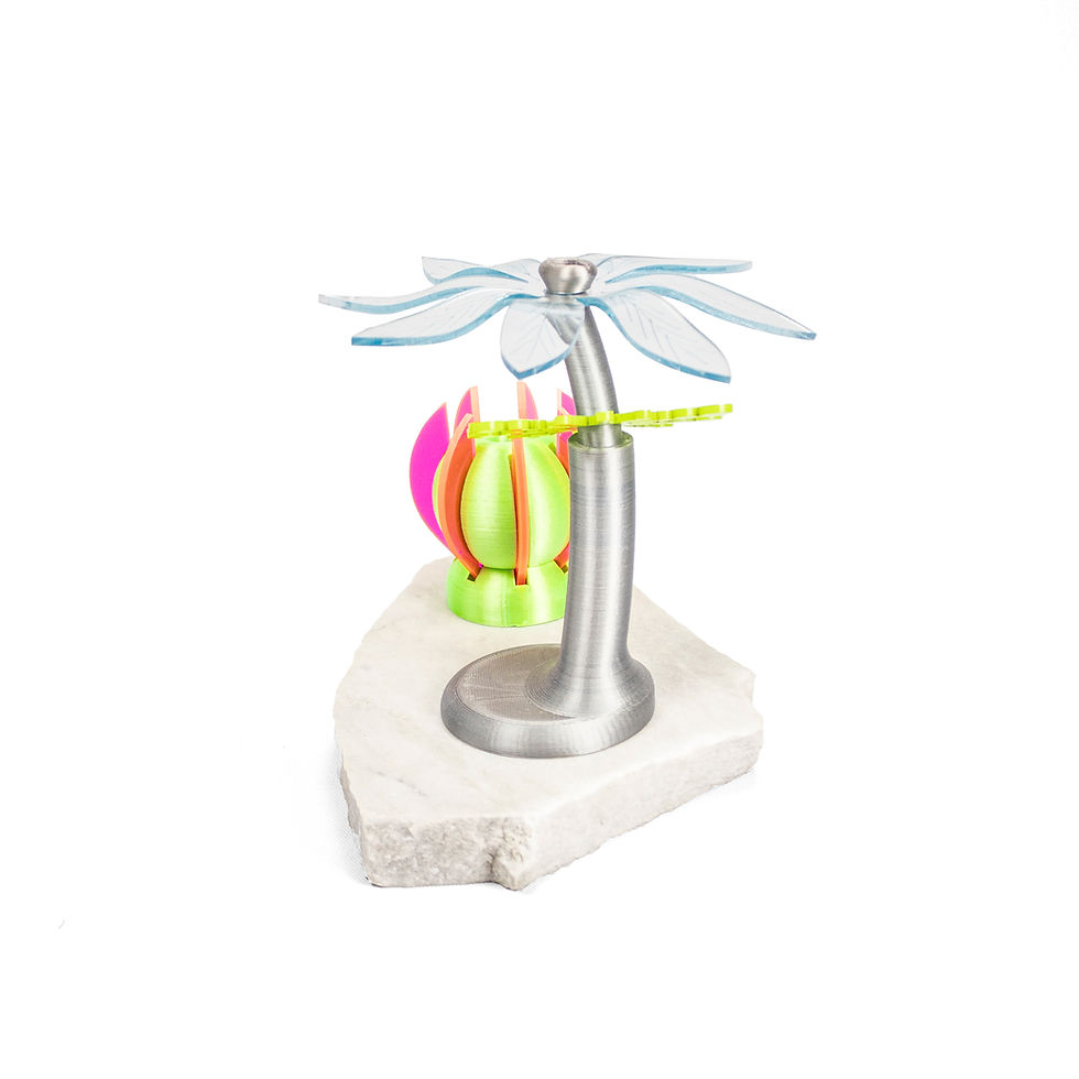 Thumbnail: Affable Automaton Blue on Silver Flower with Red/Green Cactus on Marble