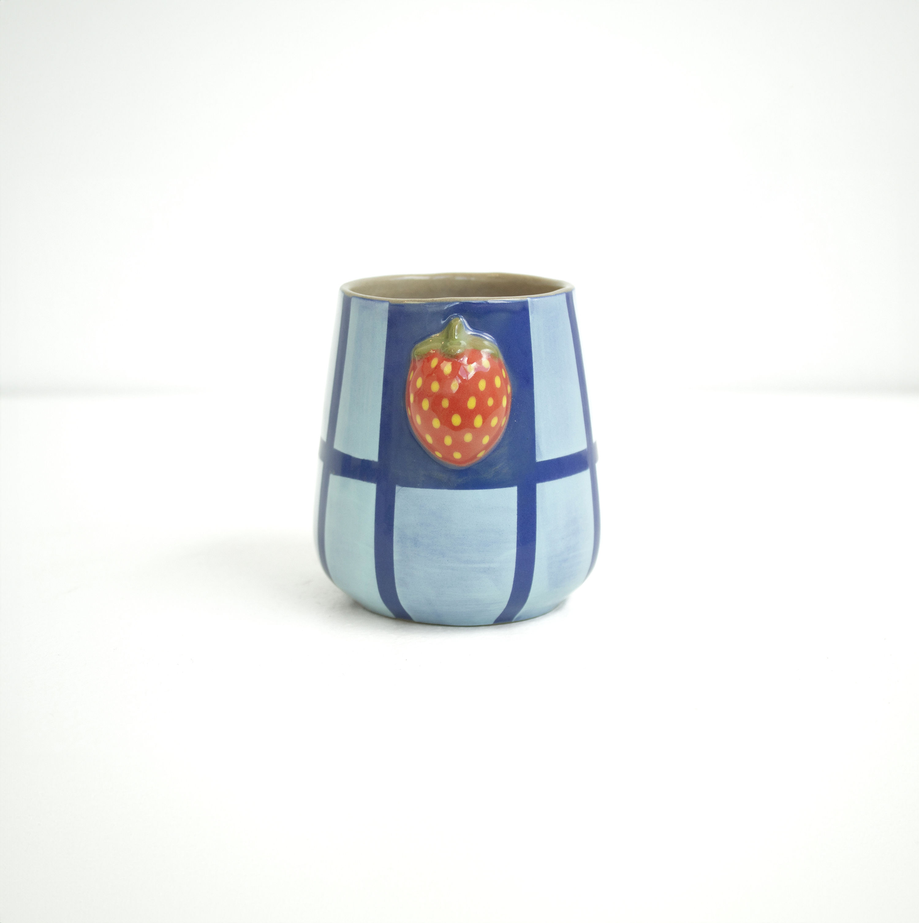 Unpopular Pottery Rattle Cup Strawberry and Lt. Blue