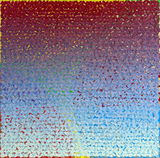 Square textured abstract oil painting with burgundy, burgundy, and pale blue shifting through a field of layered marks.