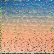 Square textured abstract oil painting with blue gray, blue gray, and peach shifting through a field of layered marks.