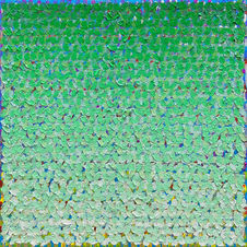 Square textured abstract oil painting with emerald green, emerald green, and mint green shifting through a field of layered marks.