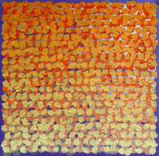 Square textured abstract oil painting with orange, orange, and peach shifting through a field of layered marks.