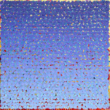 Square textured abstract oil painting with periwinkle, cobalt blue, and periwinkle shifting through a field of layered marks.