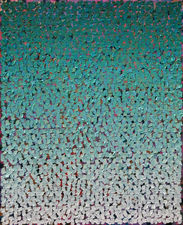 Vertical textured abstract oil painting with teal, teal, and warm gray shifting through a field of layered marks.