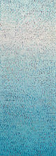 Vertical textured abstract oil painting with silver gray, silver gray, and turquoise shifting through a field of layered marks.