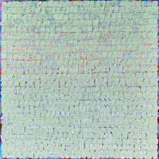 Square textured abstract oil painting with silver gray, mint green, and silver gray shifting through a field of layered marks.