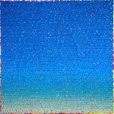 Square textured abstract oil painting with cobalt blue, sky blue, and sky blue shifting through a field of layered marks.