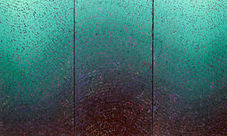 Horizontal textured abstract oil painting with turquoise, turquoise, and charcoal shifting through a field of layered marks.