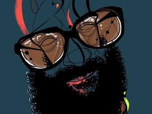 Caricatura artística e moderna de Enéas Carneiro, com fundo azul escuro. A imagem destaca seus traços marcantes, como a barba volumosa, óculos grandes com reflexos e expressão séria. O estilo é abstrato e atemporal, com linhas soltas e cores vibrantes em detalhes. Assinatura "sou" na parte inferior da arte, representando a SouzaArte Caricaturas.
