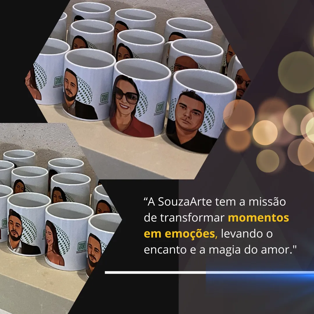 Várias canecas com caricaturas personalizadas pela empresa de caricatura SouzaArte. Caricatura Digital ao Vivo para Eventos no Rio de Janeiro | SouzaArte