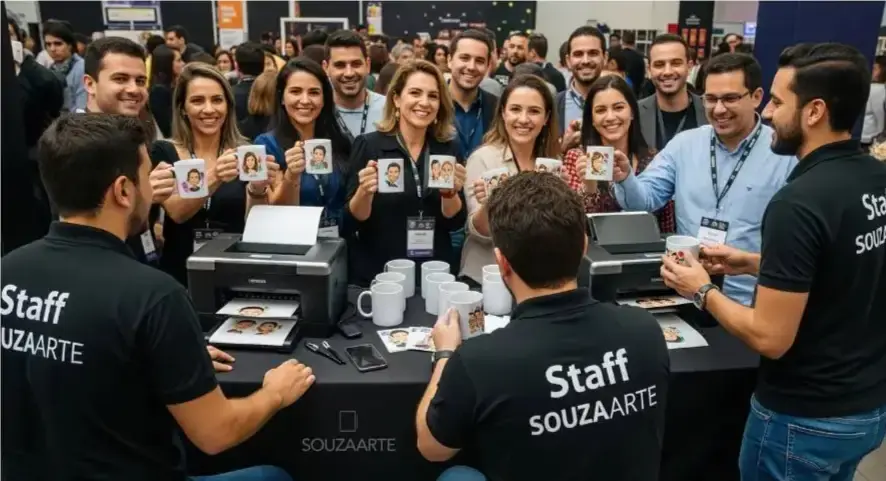 Equipe de caricatura em caneca na feira de negócios em S.P