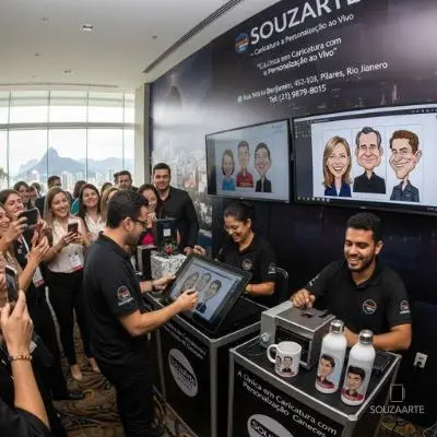 "Artistas SouzaArte criando caricaturas digitais ao vivo em evento corporativo"