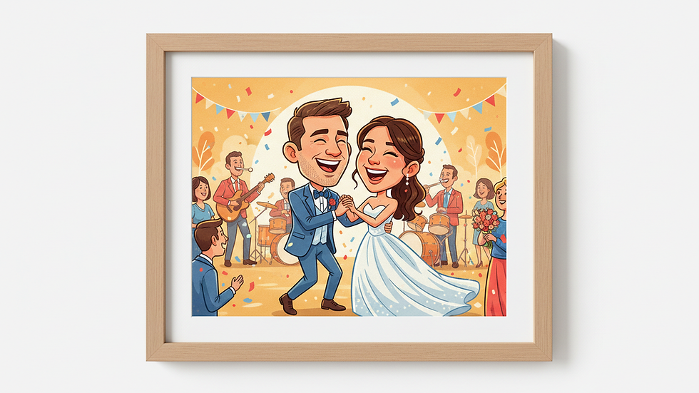 Eye-level view de quadro com caricatura de casal em festa de casamento