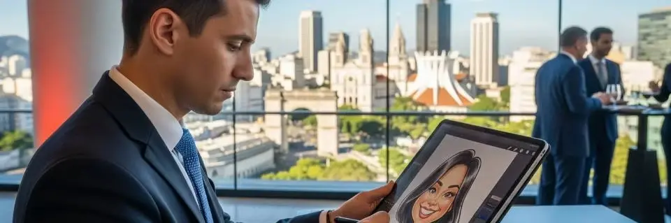 Artista SouzaArte criando caricatura digital em evento corporativo .webp