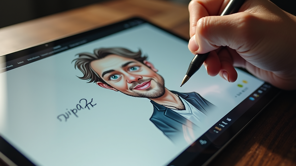 Close-up view of a digital caricature being created on a tablet