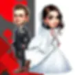 Caricatura de um casal em trajes formais para um evento de casamento. Noivo : Usando terno azul marinho com gravata e boutonn