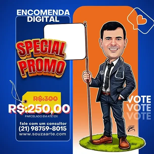Caricatura de um homem com cabelo curto, sorrindo. Traje : Usa um terno azul escuro com gravata e paletó. Segura um cartaz v