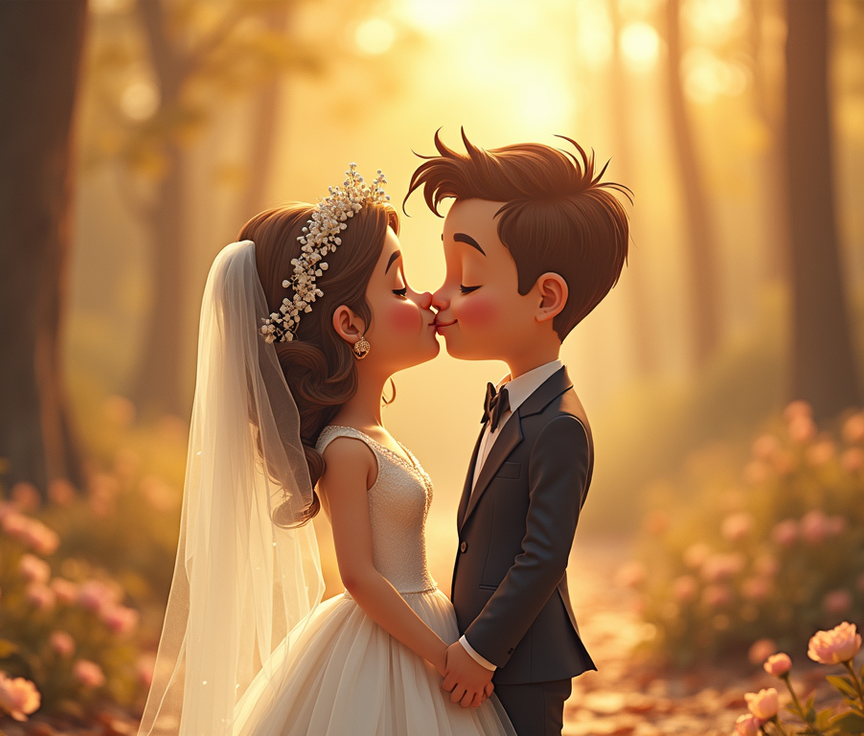 Caricaturas personalizadas para bodas: casal sorridente se beijando