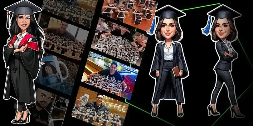 Totem de formatura personalizado com caricaturas dos formandos.webp